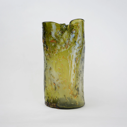 Olive green crackle-textured cylindrical glass vase with organic surface pattern.