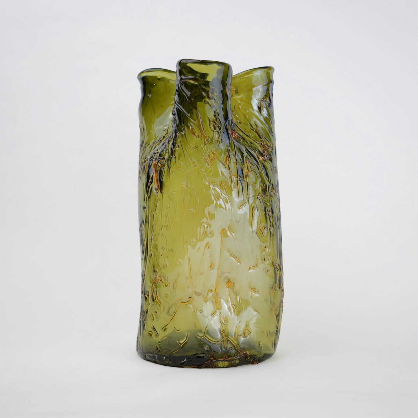 Olive green crackle-textured cylindrical glass vase with organic surface pattern.