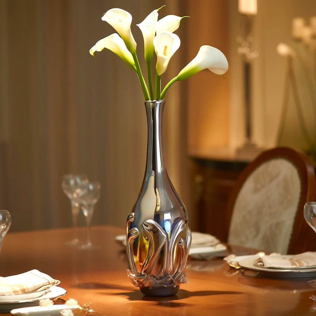 Smoked chrome iridescent glass vase with elongated neck and reflective finish.