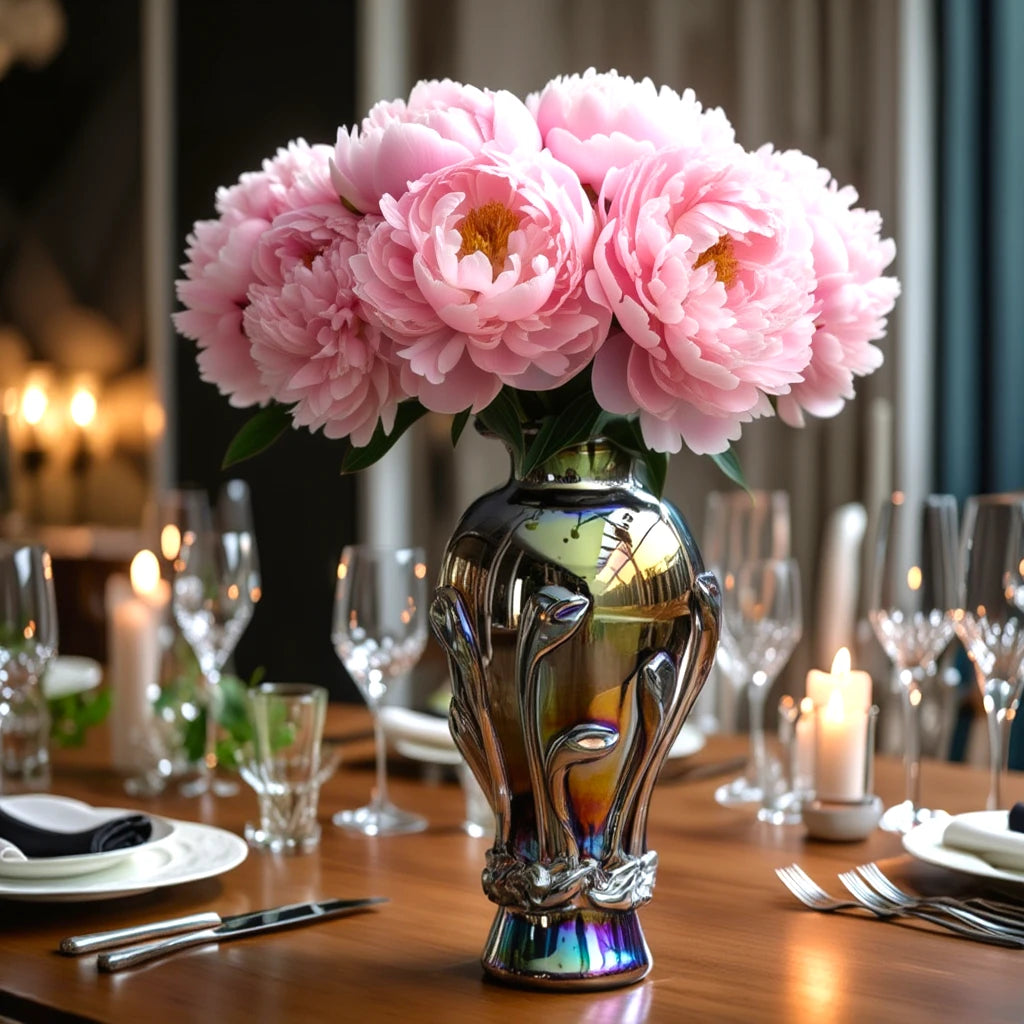 Chrome smoke reflective glass vase with curved body and metallic finish.