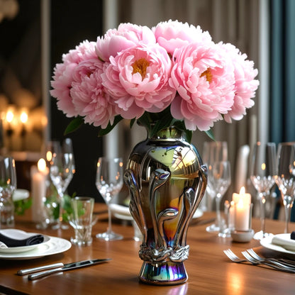 Chrome smoke reflective glass vase with curved body and metallic finish.