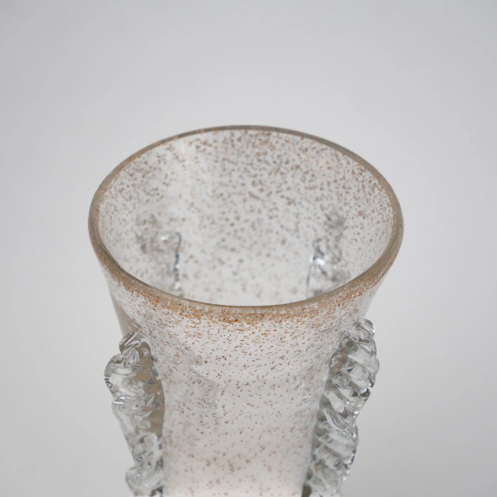 Champagne gold textured glass vase with tapered silhouette and shimmering finish.