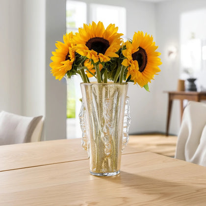 Champagne gold textured glass vase with tapered silhouette and shimmering finish.