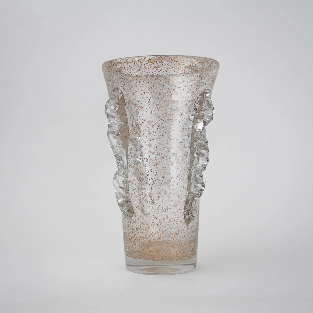Champagne gold textured glass vase with tapered silhouette and shimmering finish.