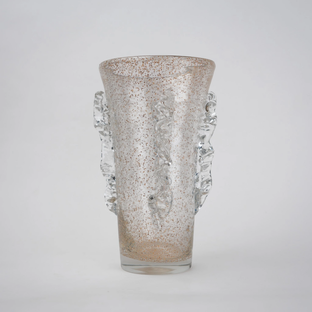 Champagne gold textured glass vase with tapered silhouette and shimmering finish.