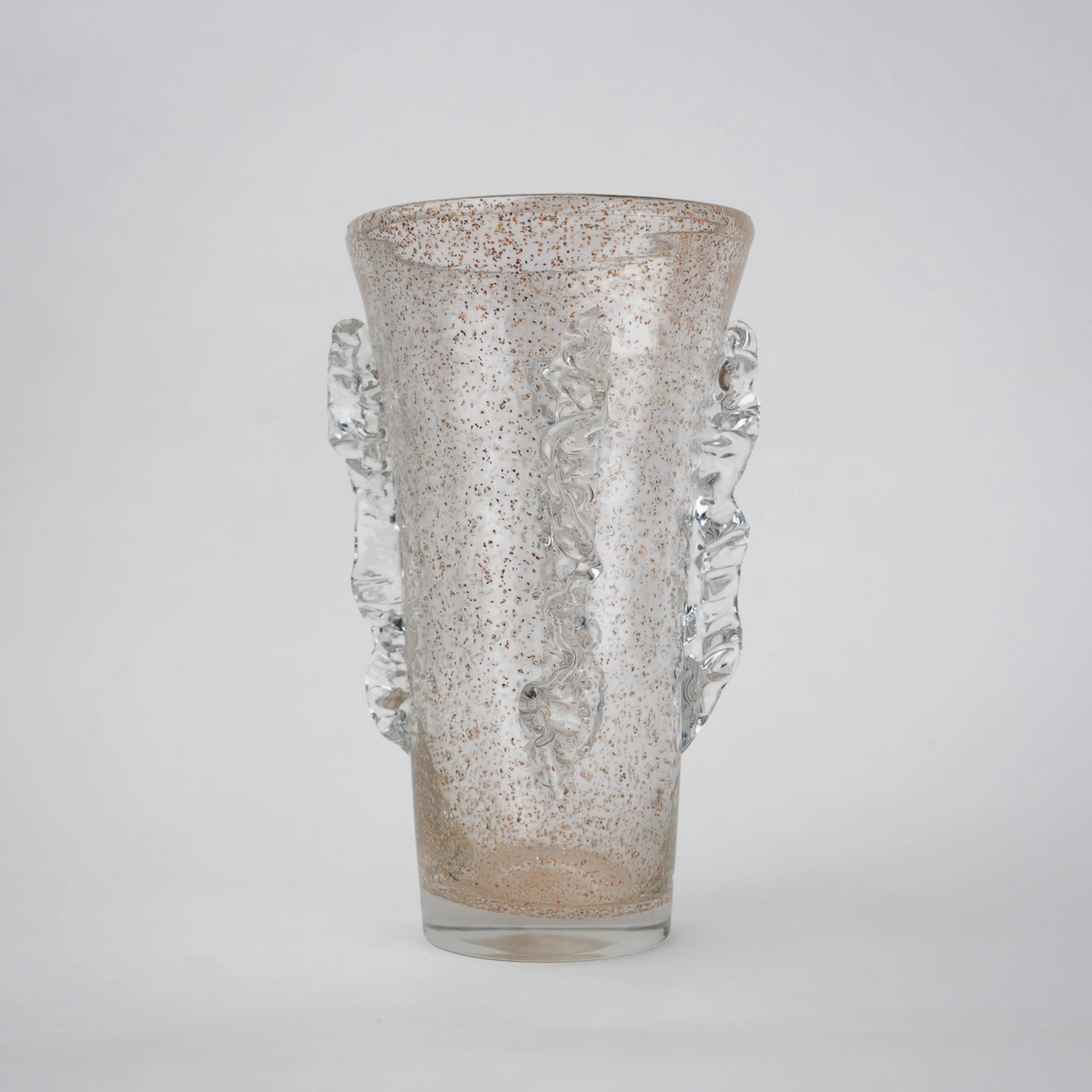 Champagne gold textured glass vase with tapered silhouette and shimmering finish.