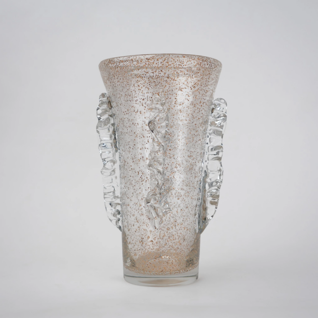 Champagne gold textured glass vase with tapered silhouette and shimmering finish.