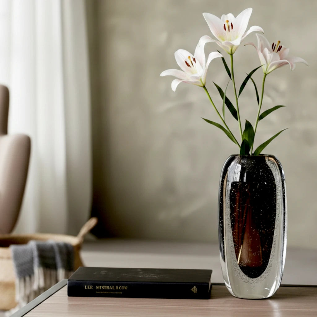 Smoked brown double-layer glass vase with clear outer shell and elongated oval shape.