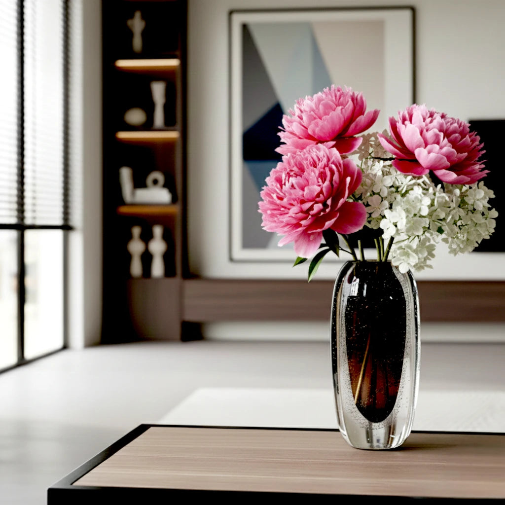 Smoked brown double-layer glass vase with clear outer shell and elongated oval shape.