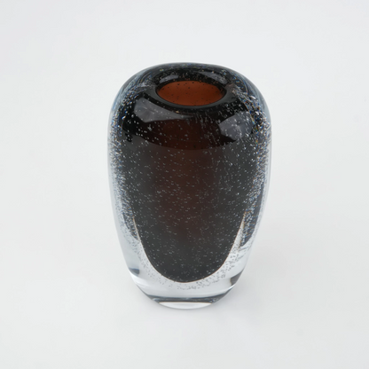 Smoked brown double-layer glass vase with clear outer shell and elongated oval shape.