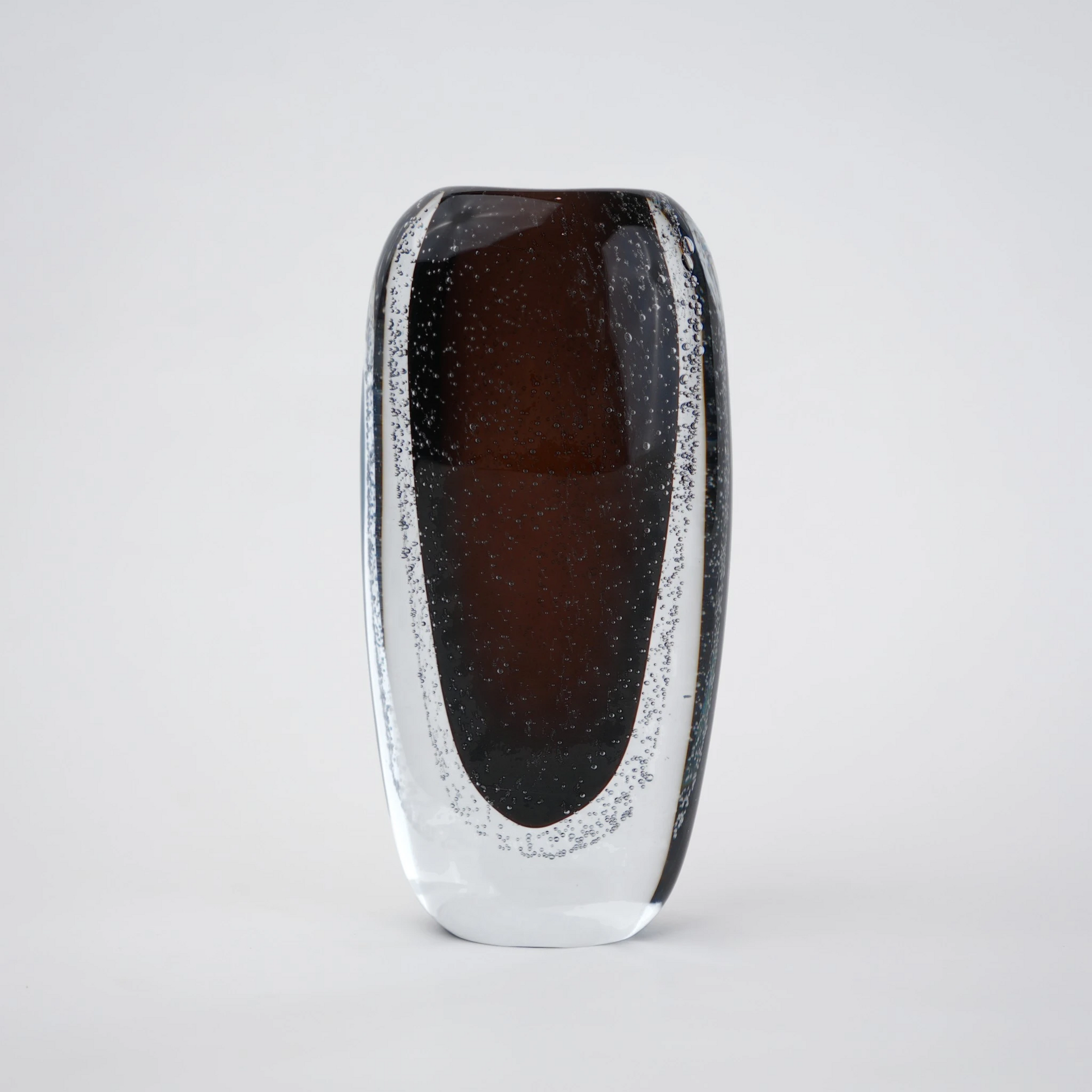 Smoked brown double-layer glass vase with clear outer shell and elongated oval shape.