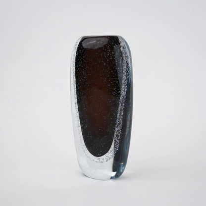 Smoked brown double-layer glass vase with clear outer shell and elongated oval shape.