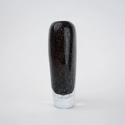 Smoked brown double-layer glass vase with clear outer shell and elongated oval shape.