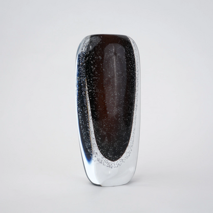 Smoked brown double-layer glass vase with clear outer shell and elongated oval shape.