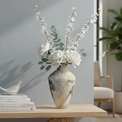 Tall white marble glass vase with flowing pattern and tapered silhouette.