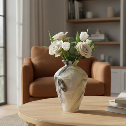 Tall white marble glass vase with flowing pattern and tapered silhouette.
