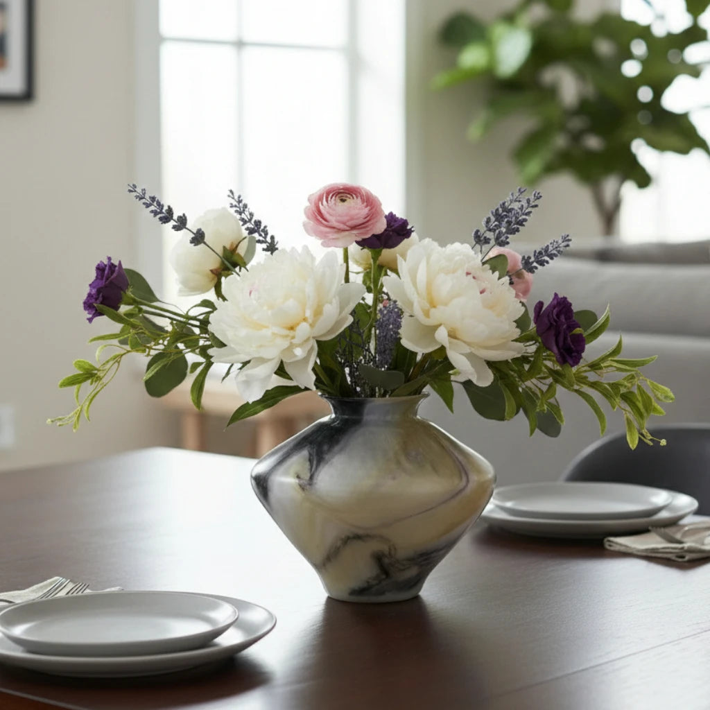 White marble art glass vase with organic pattern and wide asymmetrical form.