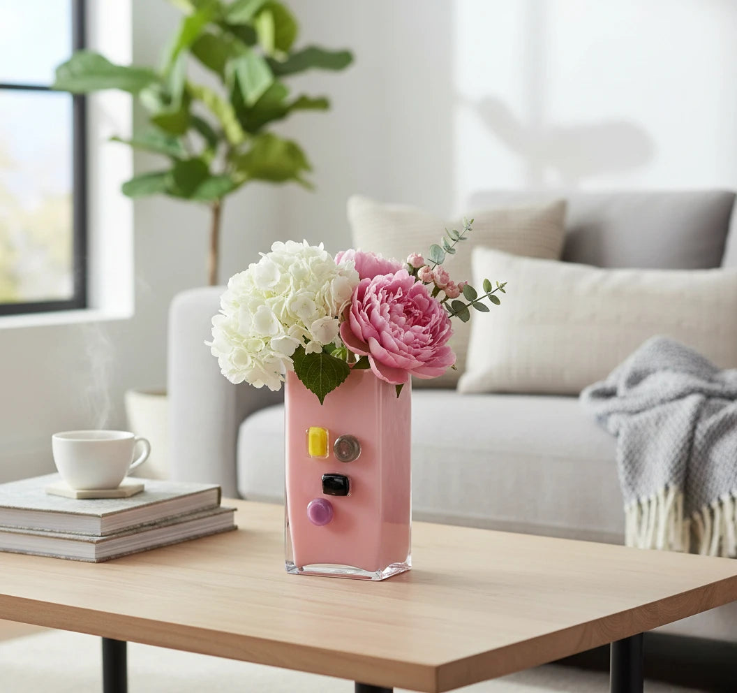 Pink art glass vase with embedded multicolor accents and wide rectangular form.
