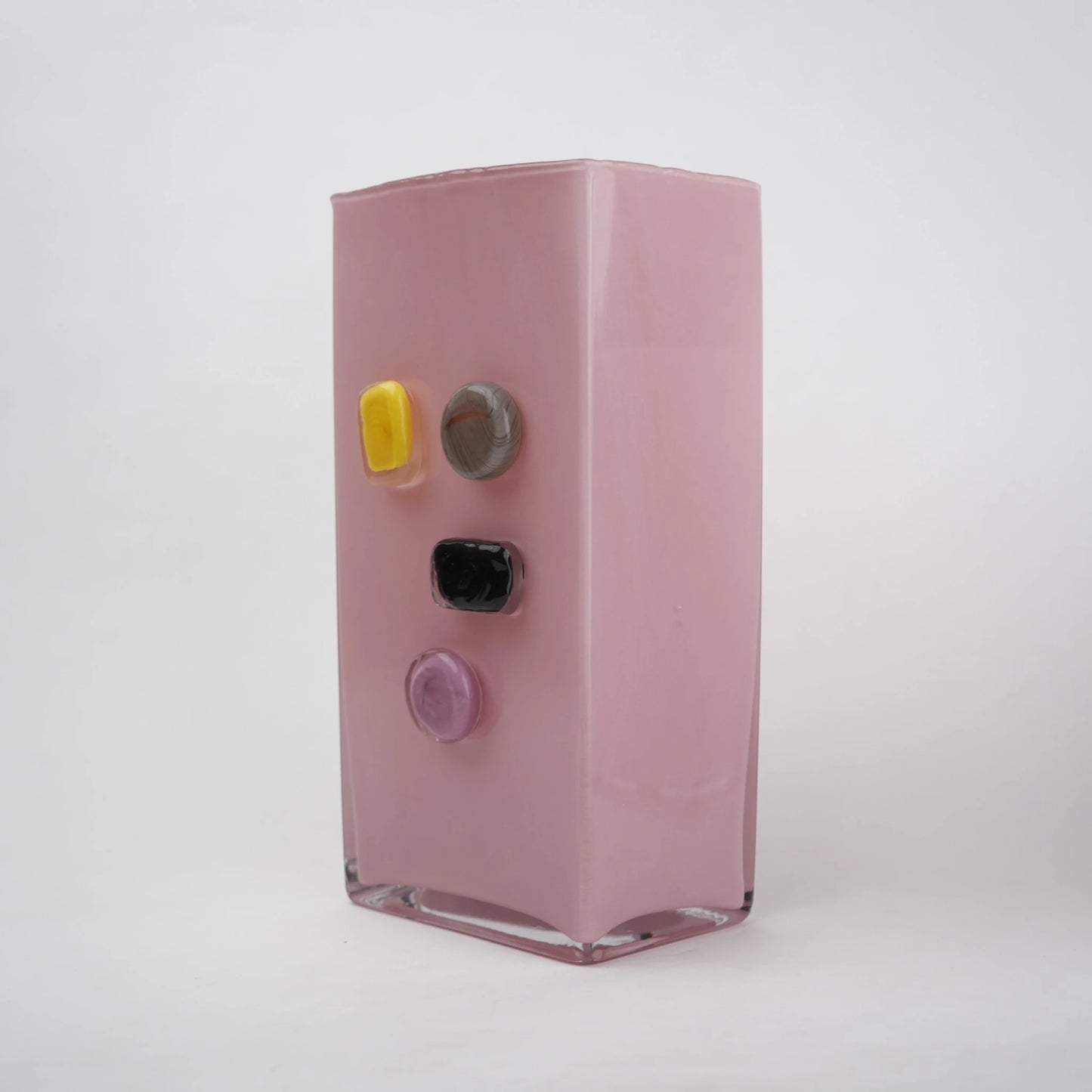 Tall blush art glass vase angled lilac dots