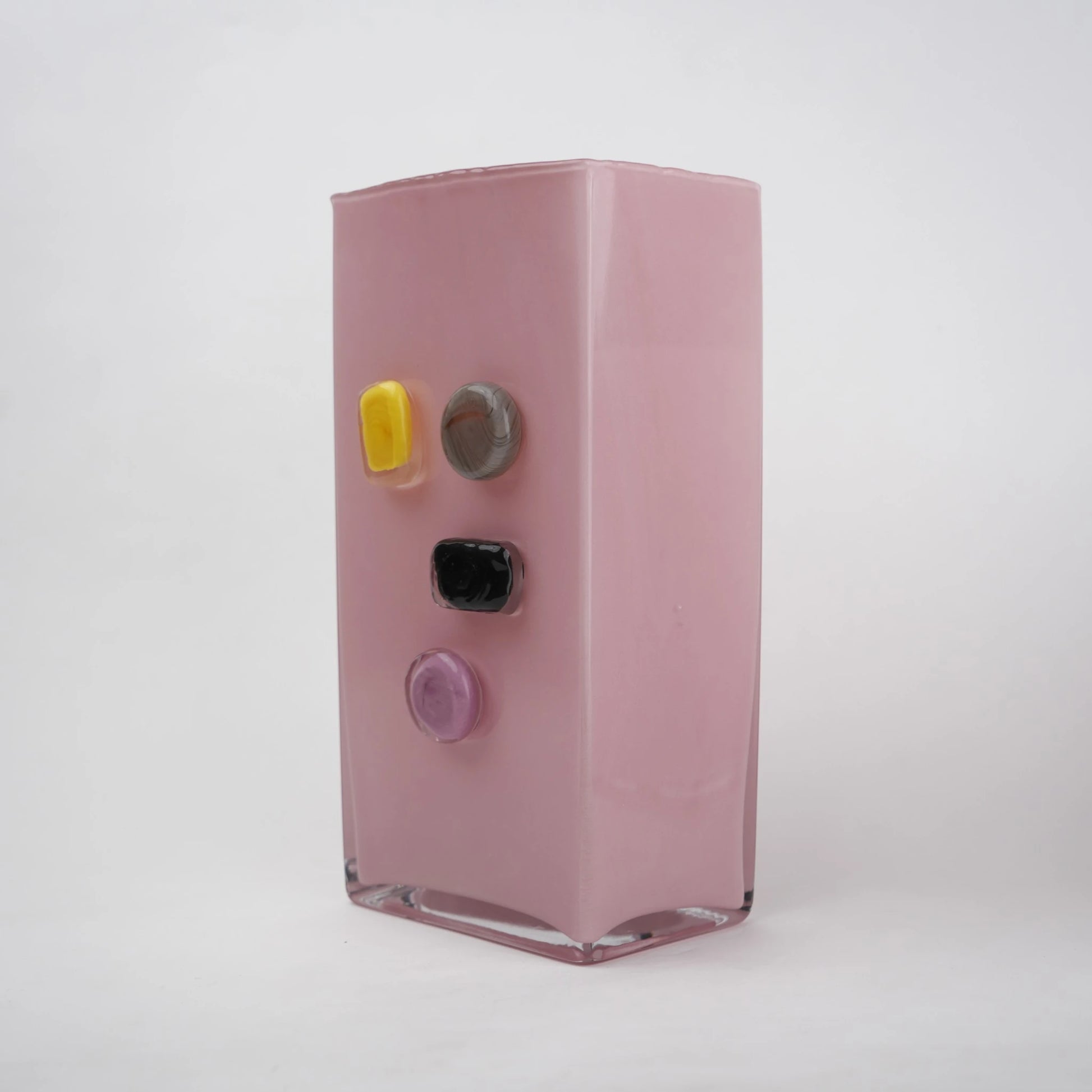 Tall blush art glass vase angled lilac dots