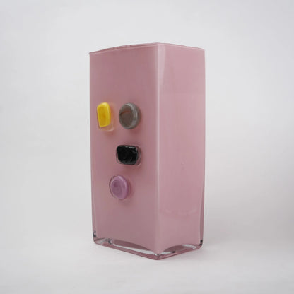 Tall blush art glass vase angled lilac dots