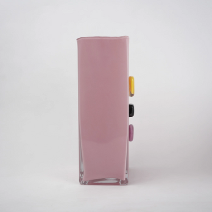 Tall blush art glass vase side w/ purple beads