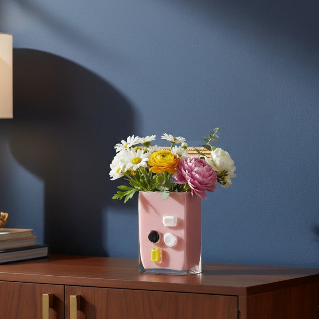 Pink art glass vase with embedded multicolor accents and wide rectangular form.