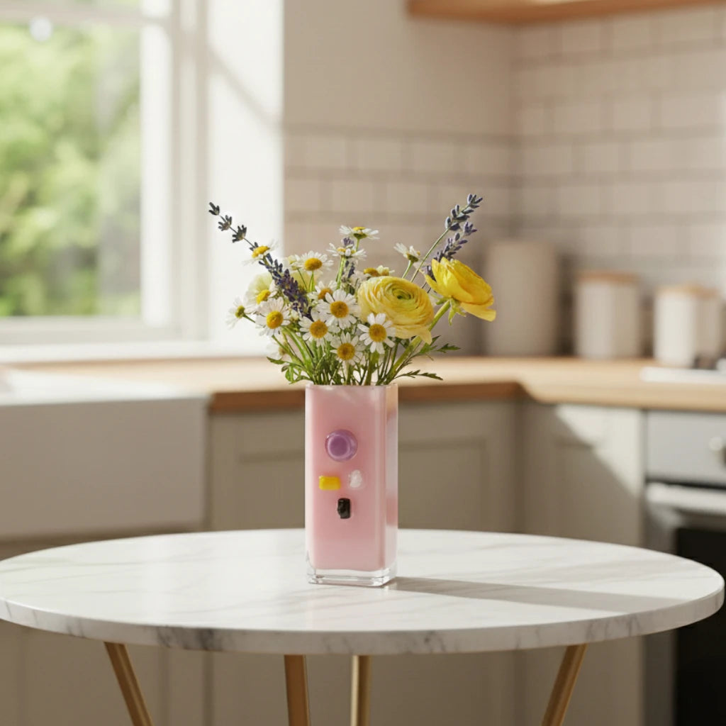 Pink art glass vase with embedded multicolor accents and wide rectangular form.