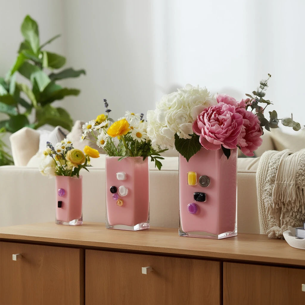 Pink art glass vase with embedded multicolor accents and wide rectangular form.