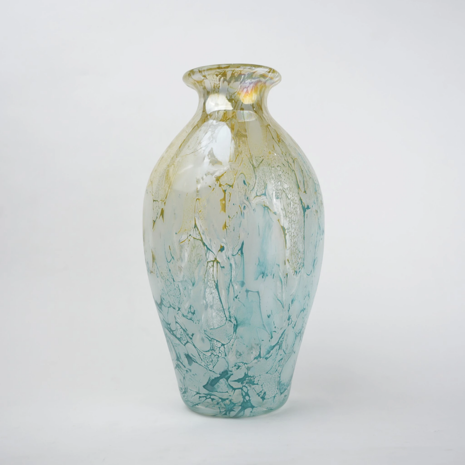 Rounded decorative vase with a narrow neck and marbled finish.
