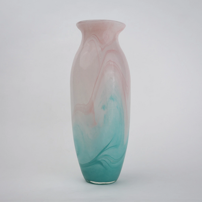 Textured marble-effect glass vase with soft gradient finish and rounded silhouette.