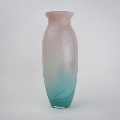 Textured marble-effect glass vase with soft gradient finish and rounded silhouette.