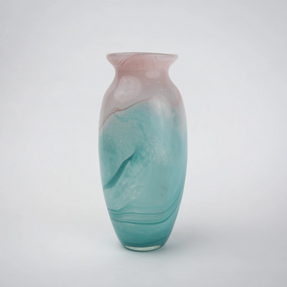 Textured marble-effect glass vase with soft gradient finish and rounded silhouette.