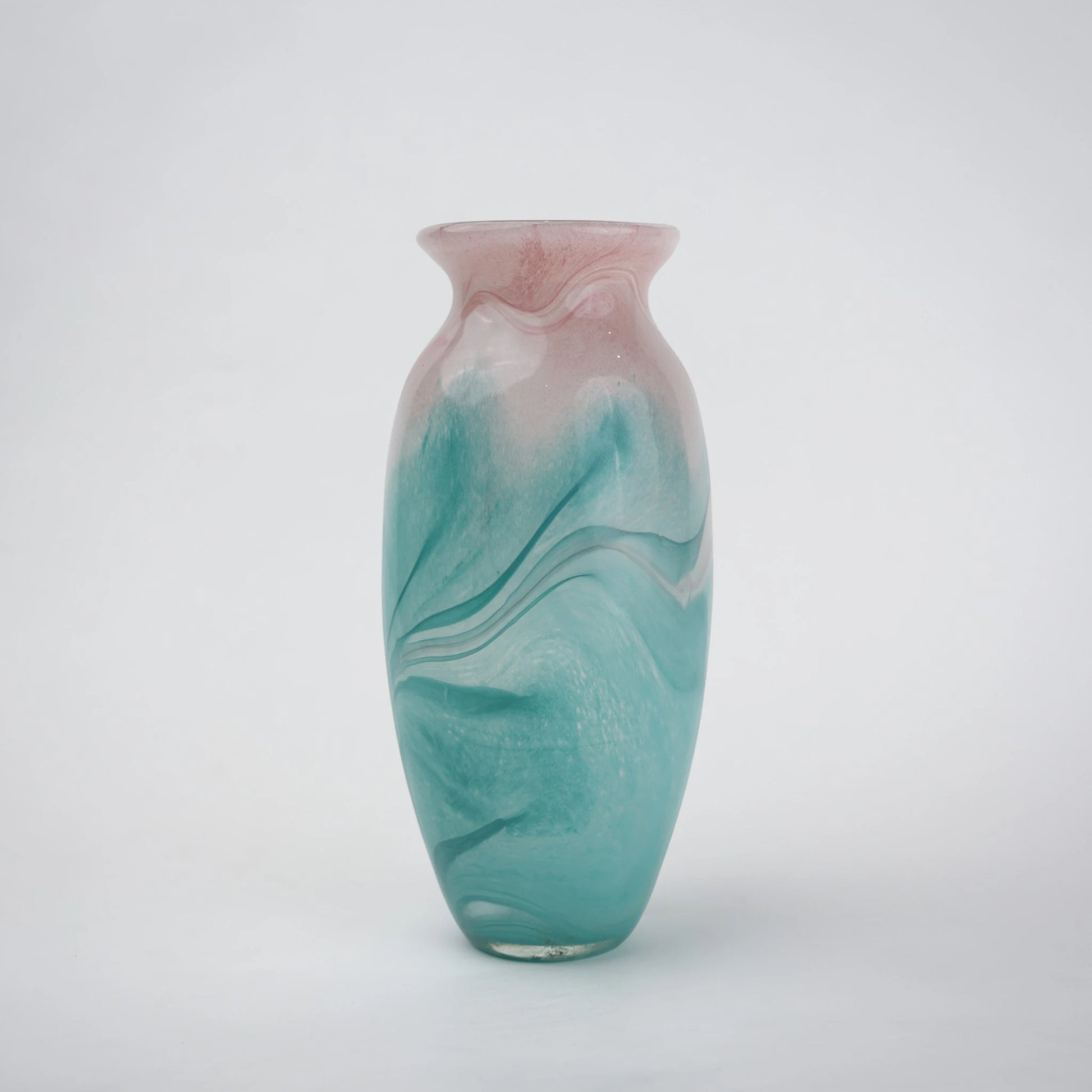 Textured marble-effect glass vase with soft gradient finish and rounded silhouette.