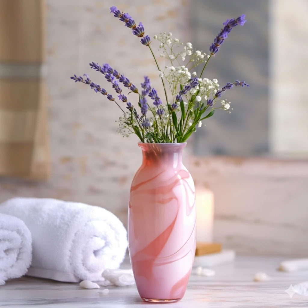 Pink marble glass vase with elongated silhouette and smooth finish.
