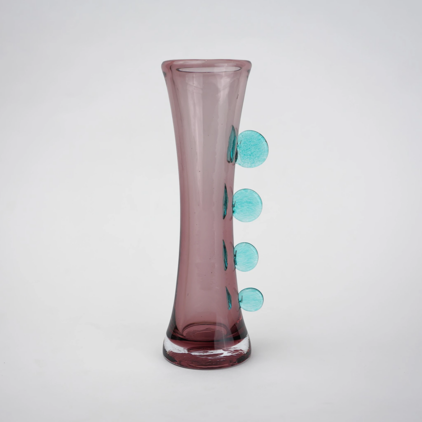 Purple art glass vase with elongated silhouette and raised translucent side accents.