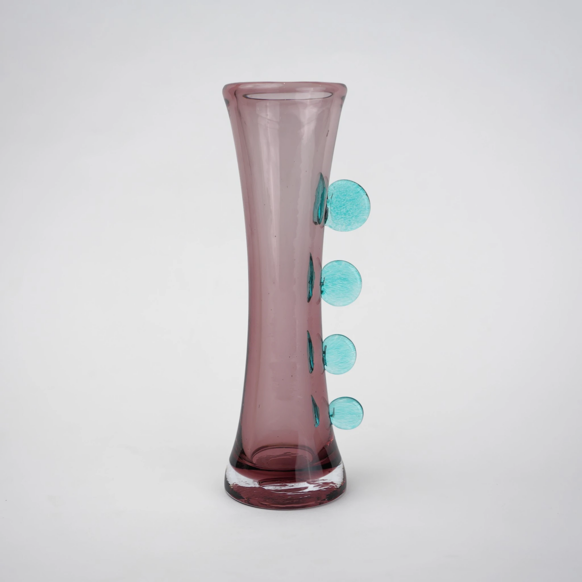 Purple art glass vase with elongated silhouette and raised translucent side accents.