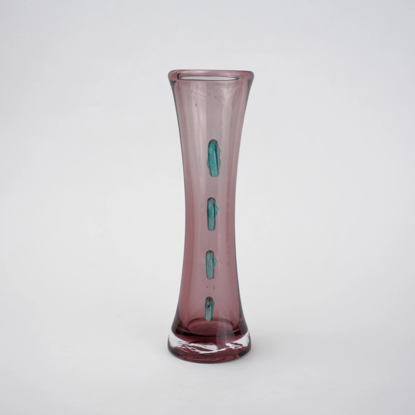 Purple art glass vase with elongated silhouette and raised translucent side accents.