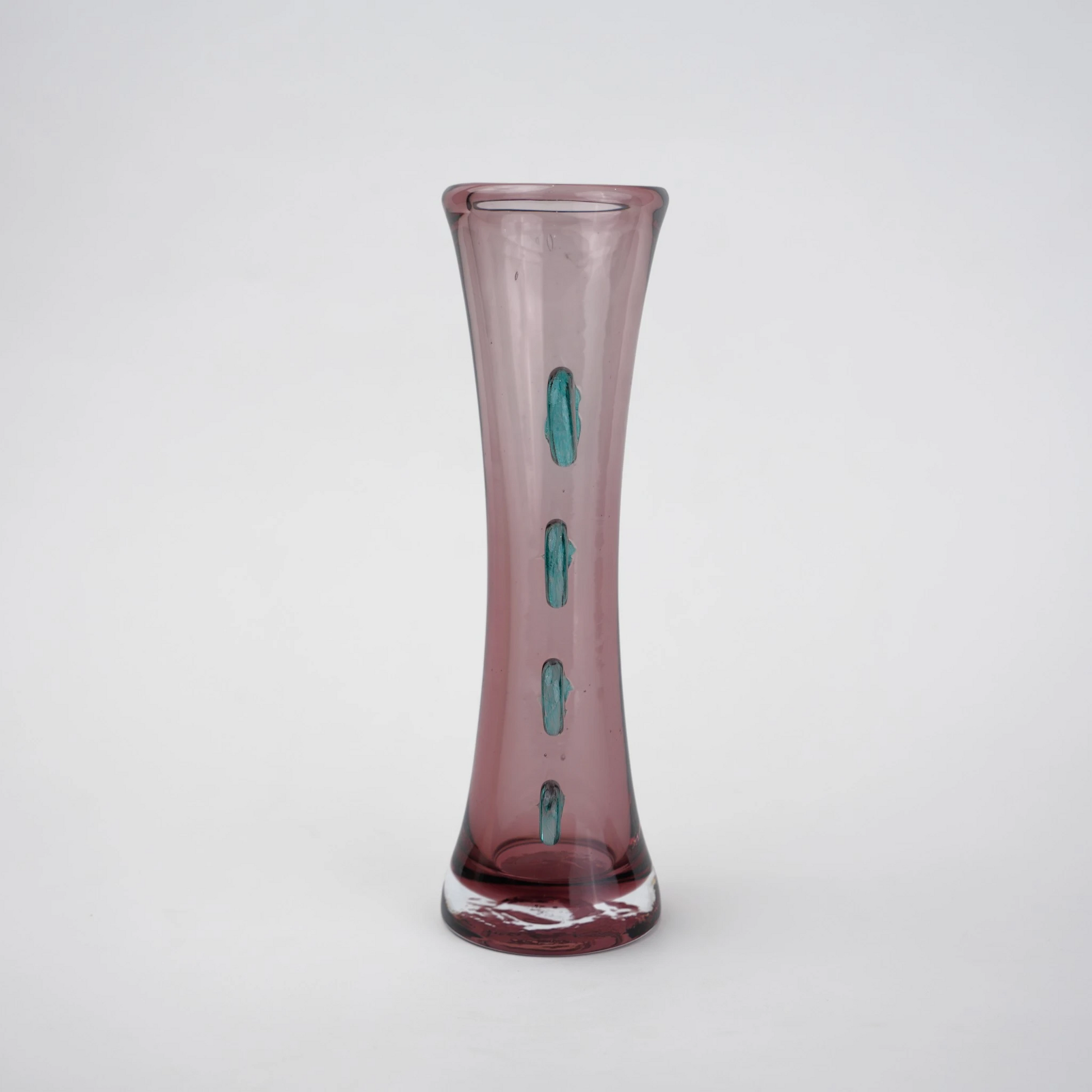 Purple art glass vase with elongated silhouette and raised translucent side accents.