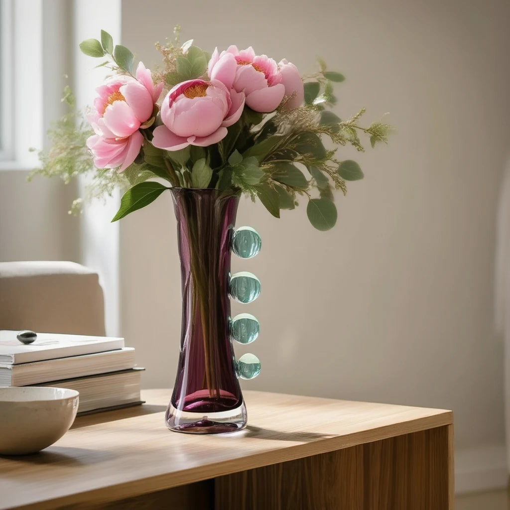 Purple art glass vase with elongated silhouette and raised translucent side accents.