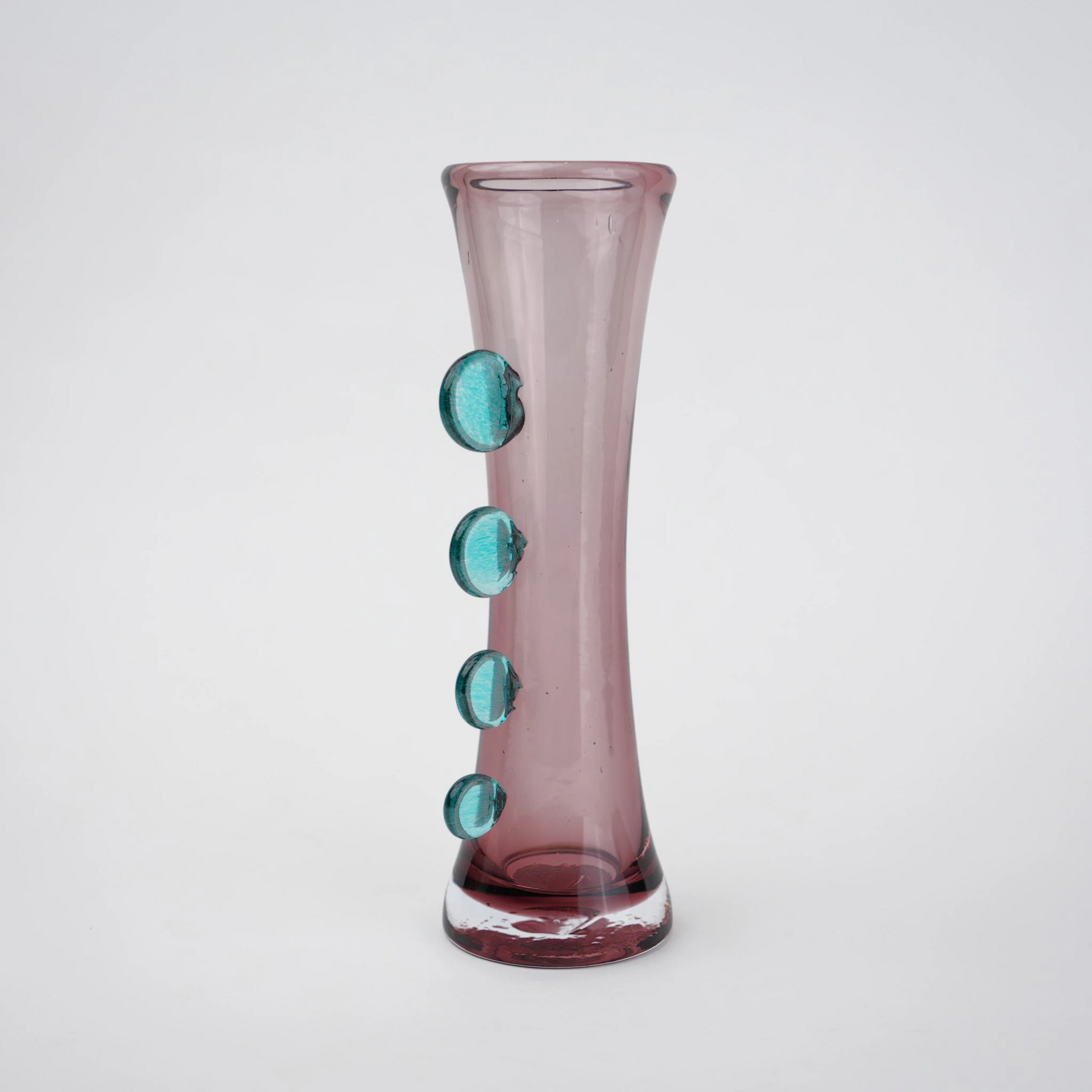 Purple art glass vase with elongated silhouette and raised translucent side accents.