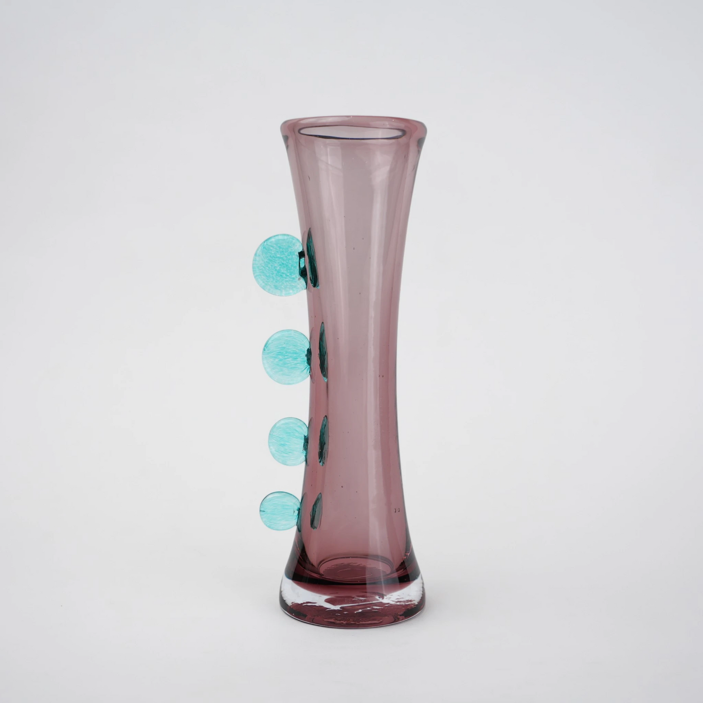 Purple art glass vase with elongated silhouette and raised translucent side accents.