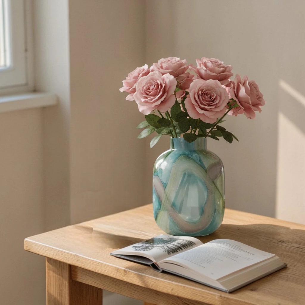 Blue marble effect glass vase with a smooth glossy finish, featuring a rounded body and short cylindrical neck, designed as a modern decorative piece for home decor styling.