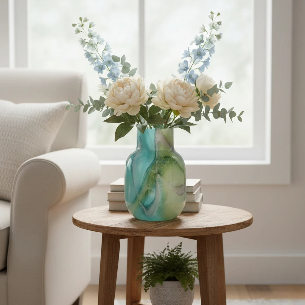 Blue marble effect glass vase with a smooth glossy finish, featuring a rounded body and short cylindrical neck, designed as a modern decorative piece for home decor styling.