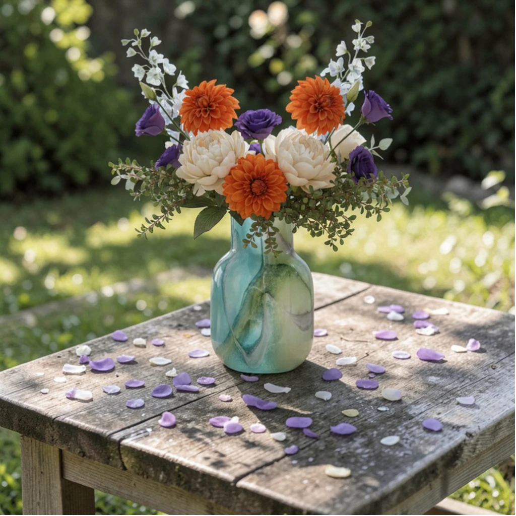 Blue marble effect glass vase with a smooth glossy finish, featuring a rounded body and short cylindrical neck, designed as a modern decorative piece for home decor styling.