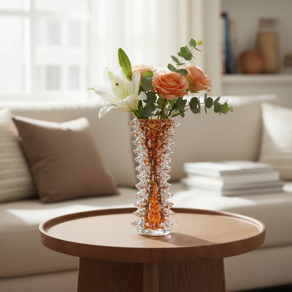 Tall glass vase with a textured distressed finish, featuring a tapered body and narrow neck, designed as a modern decorative piece for home interiors