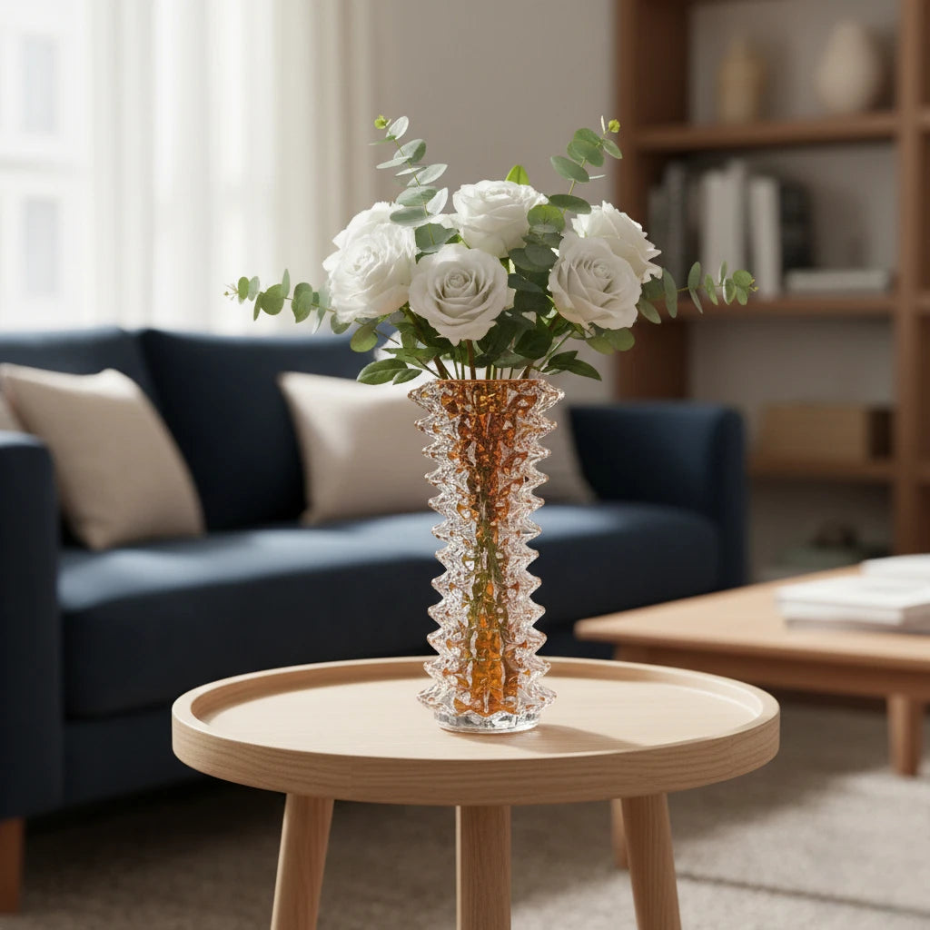 Tall glass vase with a textured distressed finish, featuring a tapered body and narrow neck, designed as a modern decorative piece for home interiors
