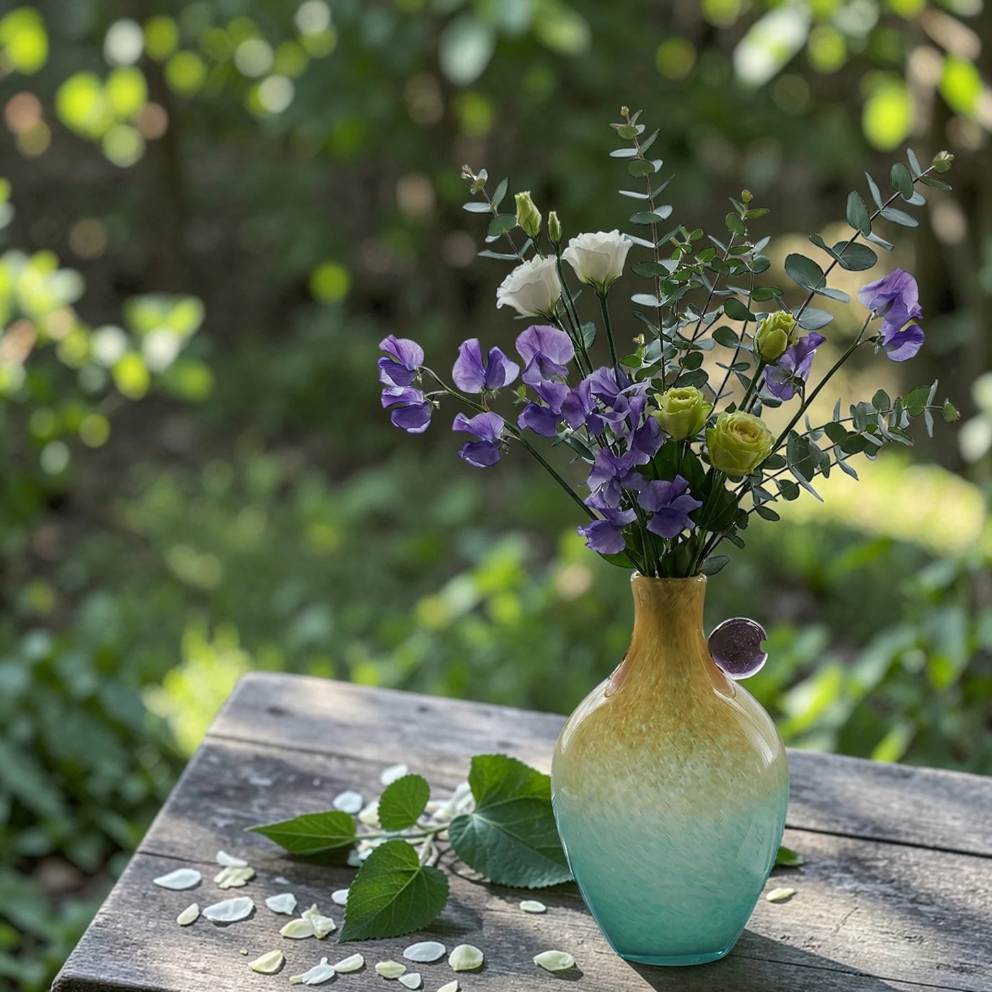Ombre glass vase with a yellow to teal gradient finish, featuring a rounded body, narrow neck, and decorative side accents, designed as a modern artistic piece for home decor styling.