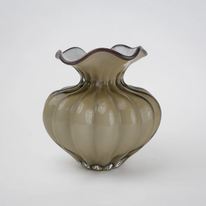 Ribbed glass vase with a smoky beige tint, featuring a rounded bulb shape and a wavy flared rim, designed as a modern decorative piece for home decor styling.