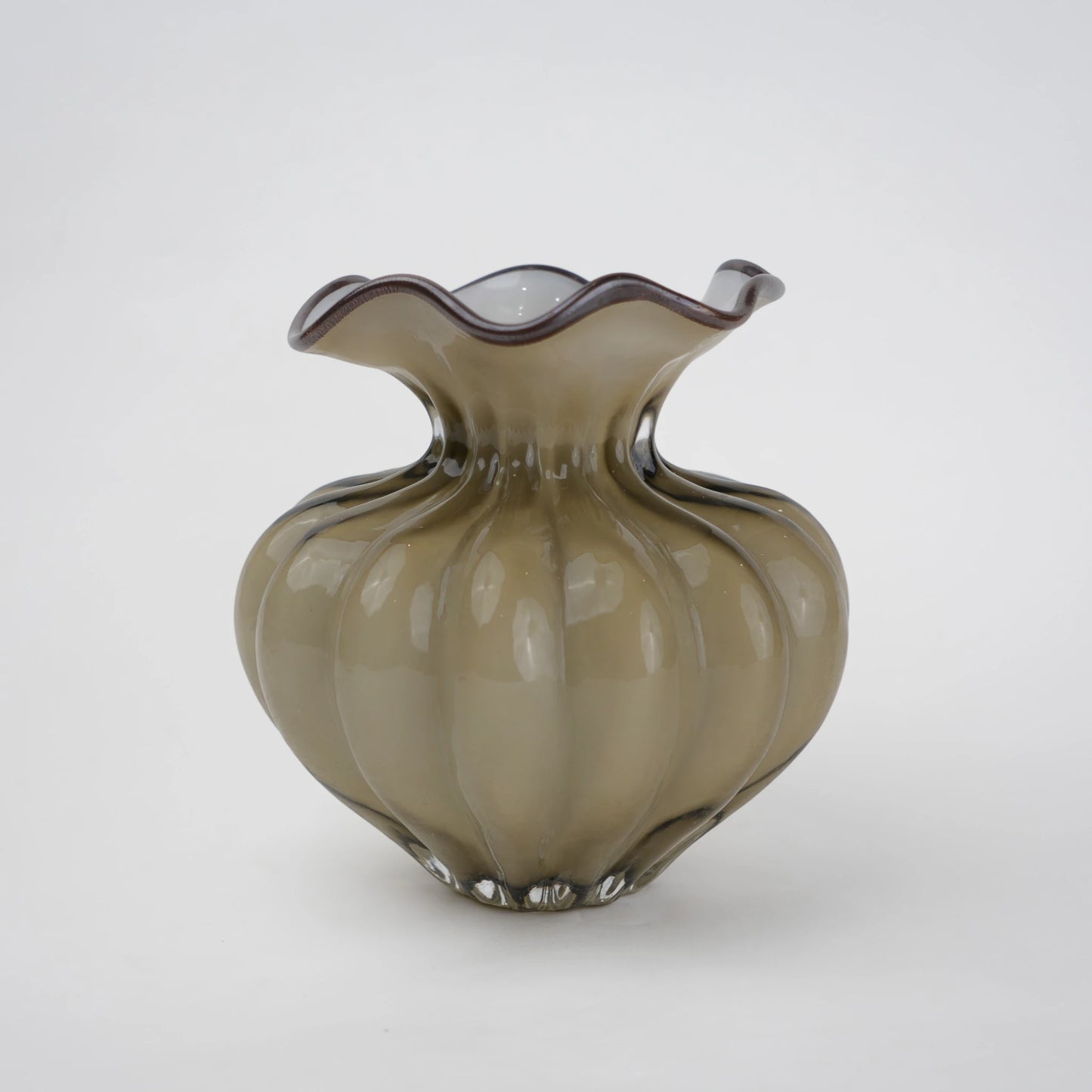 Ribbed glass vase with a smoky beige tint, featuring a rounded bulb shape and a wavy flared rim, designed as a modern decorative piece for home decor styling.
